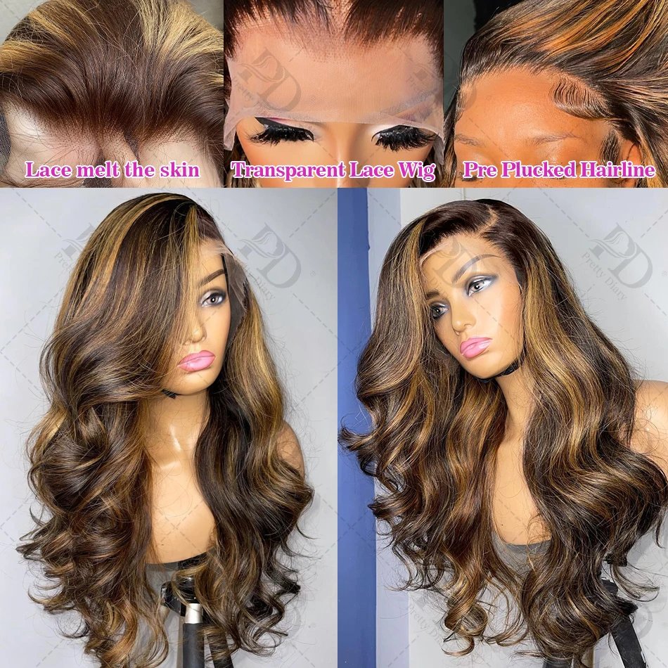 30 36 Inch Body Wave 13x4 Ombre Highlight HD Lace Frontal Wigs 13x6 4/27 Colored Wigs Lace Front Human Hair Wigs Transparent