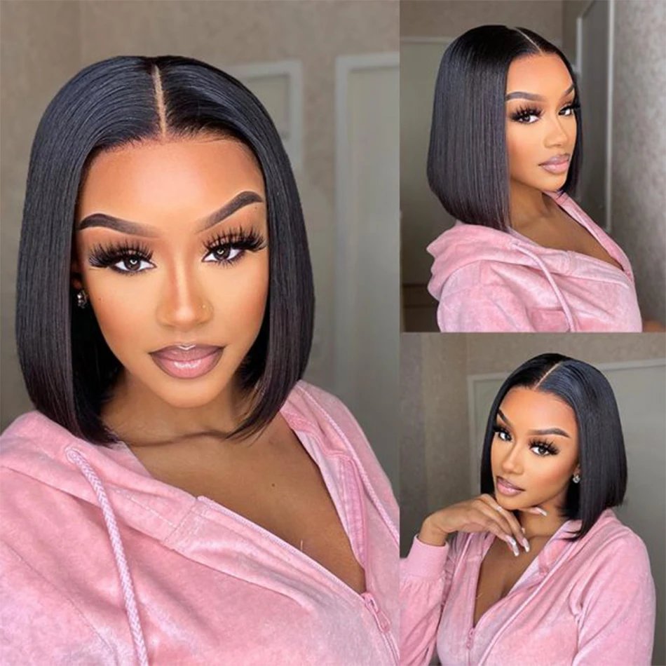 Short Bob Wig Human Hair 13x4 Frontal Lace Wig Pre Plucked With Baby Hair Straight Bob Wigs Women 180% Density Natural Black Wig