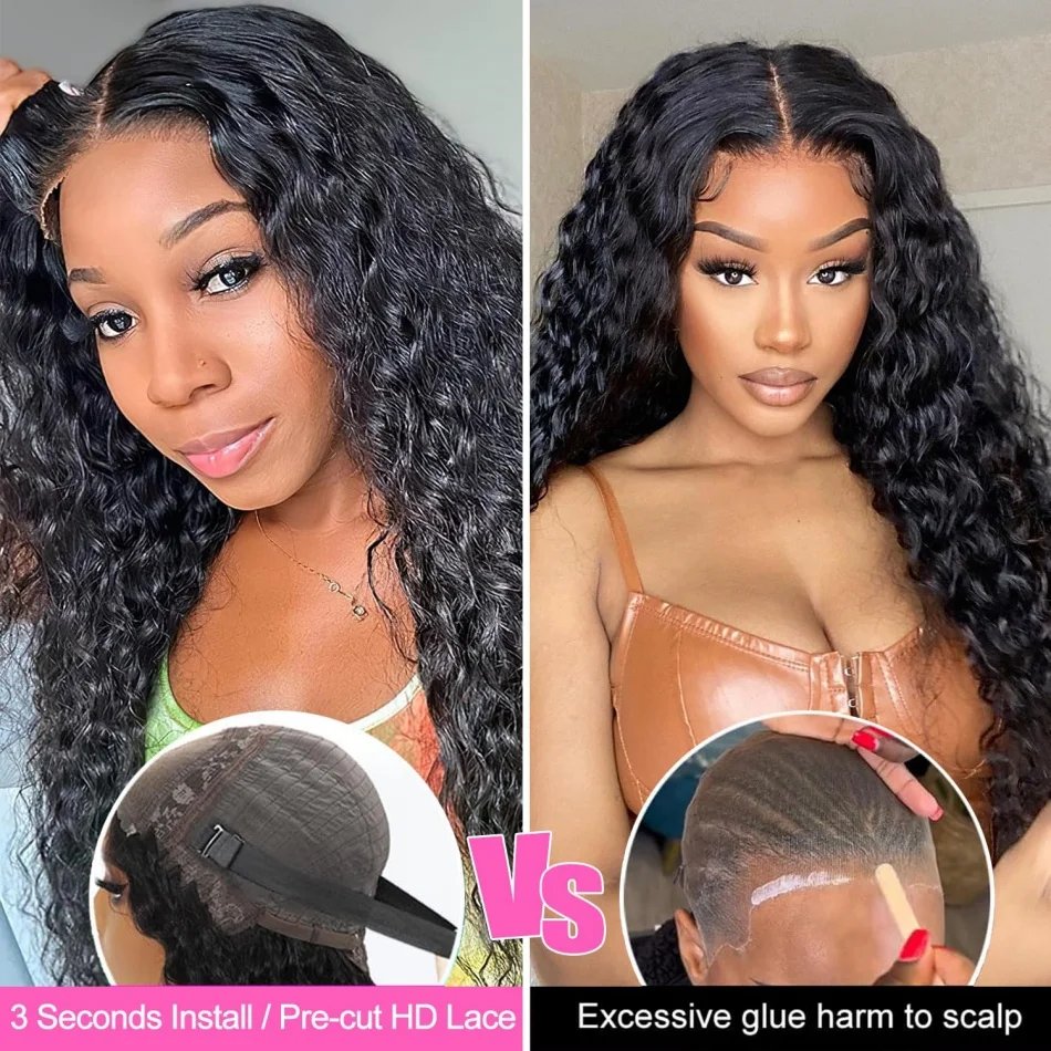 Glueless Wig Human Hair Ready To Wear Water Wave Lace Front Wig 4x4 5x5 Lace Closure Black Wig Curly HD Lace Frontal Human Hair