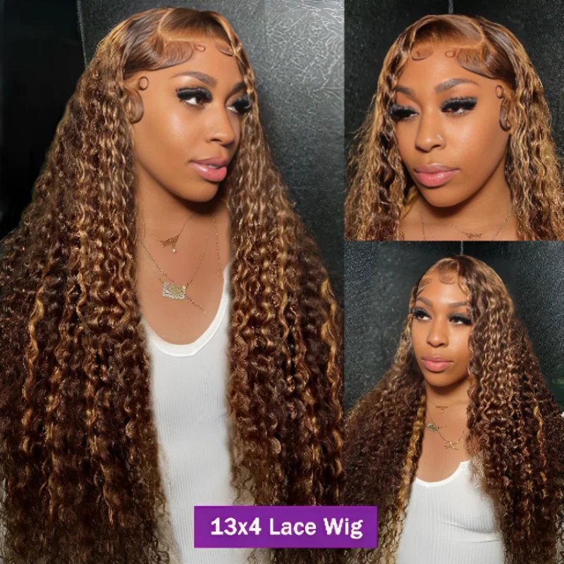 Highlight colored 13x6 hd lace frontal human hair deep wave wig for women brazilian glueless curly cheap wigs on sale clearance