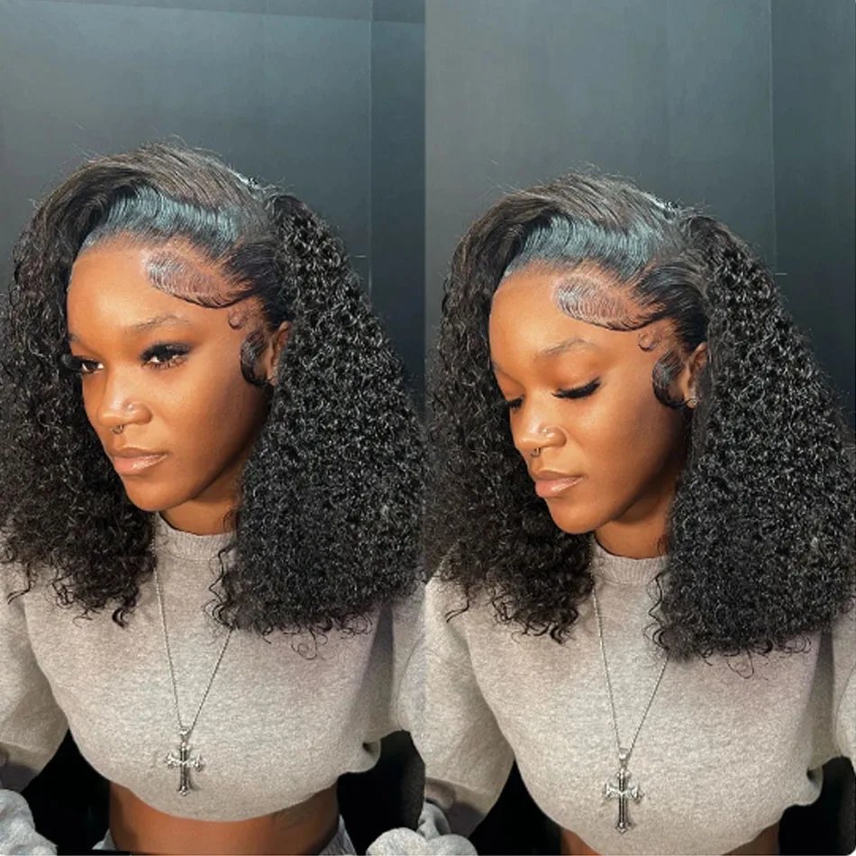 Glueless 8 to 16 Inch Kinky Curly Bob Human Hair Wig Wear To Go Pre Plucked Lace Peruvian Curly Bob Wigs For Women and Girls