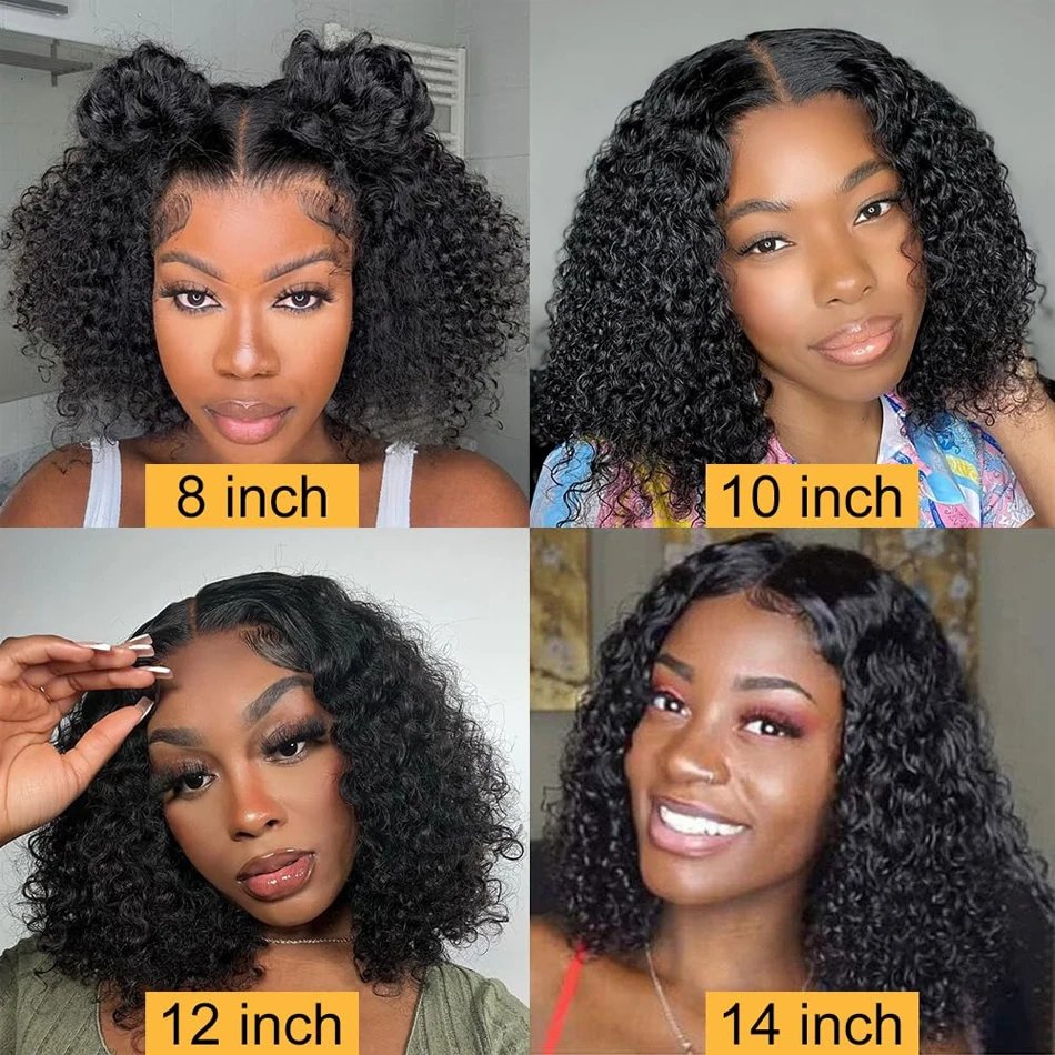 Glueless 8 to 16 Inch Kinky Curly Bob Human Hair Wig Wear To Go Pre Plucked Lace Peruvian Curly Bob Wigs For Women and Girls