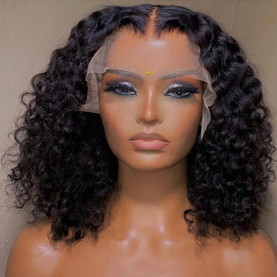 13X4 Water Wave Lace Front 100%Human Hair Wigs 16Inch Brazilian Glueless Short Bob DeepCurly For Woman Ready To Wear Frontal Wig