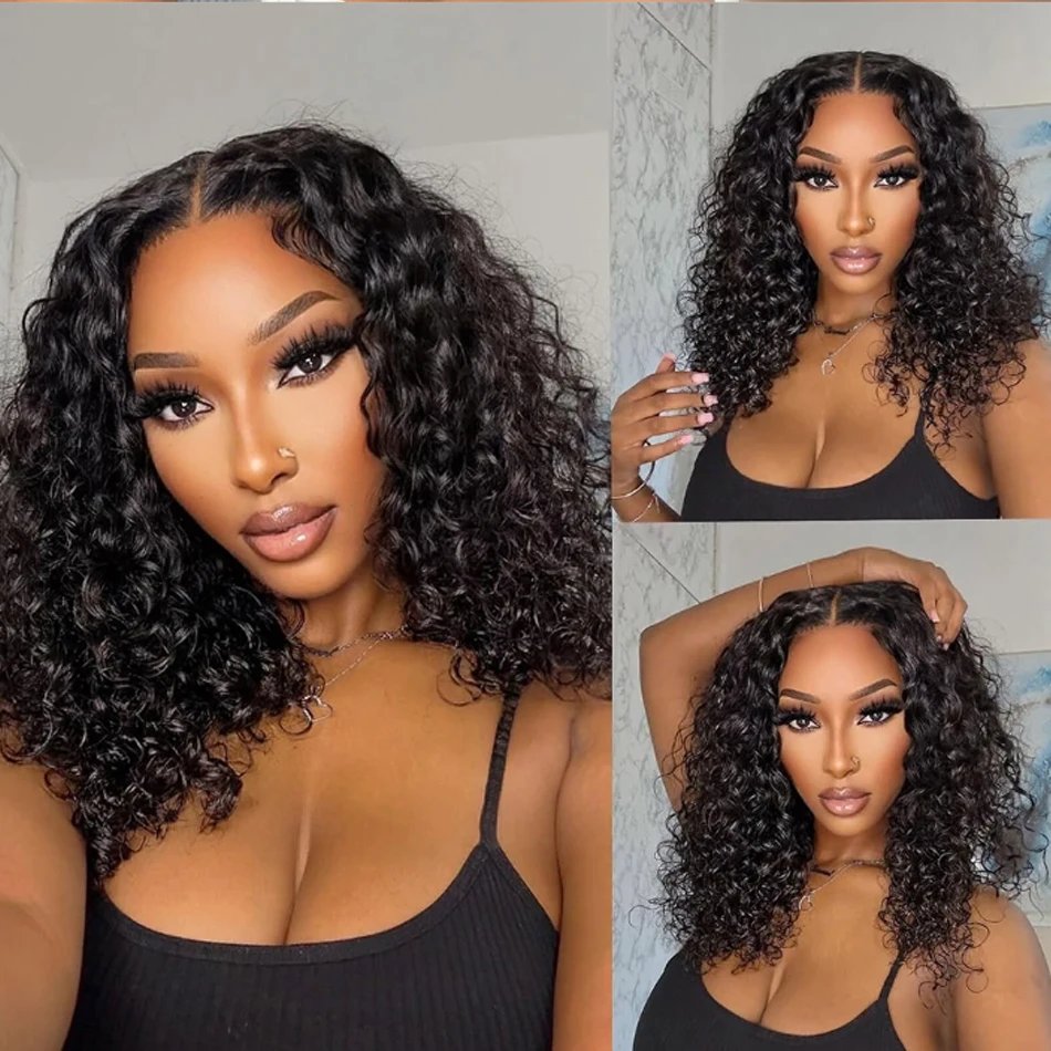 13X4 Water Wave Lace Front 100%Human Hair Wigs 16Inch Brazilian Glueless Short Bob DeepCurly For Woman Ready To Wear Frontal Wig