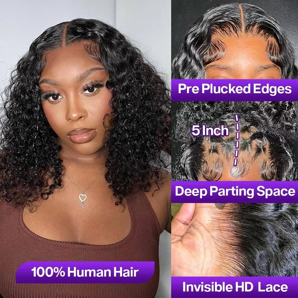 13X4 Water Wave Lace Front 100%Human Hair Wigs 16Inch Brazilian Glueless Short Bob DeepCurly For Woman Ready To Wear Frontal Wig