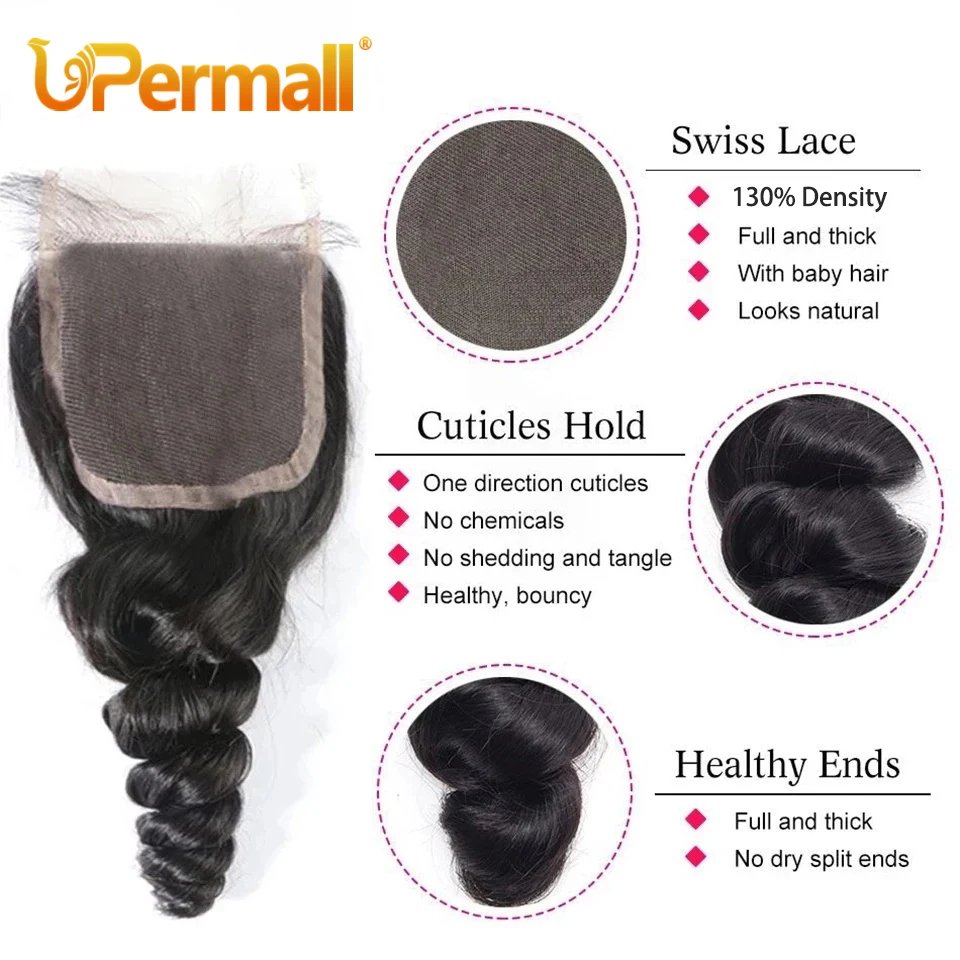 Upermall Loose Wave 5x5 4x4 Lace Closure Pre Plucked Swiss HD Transparent 13x4 Ear To Ear Frontal Free Part 100% Remy Human Hair