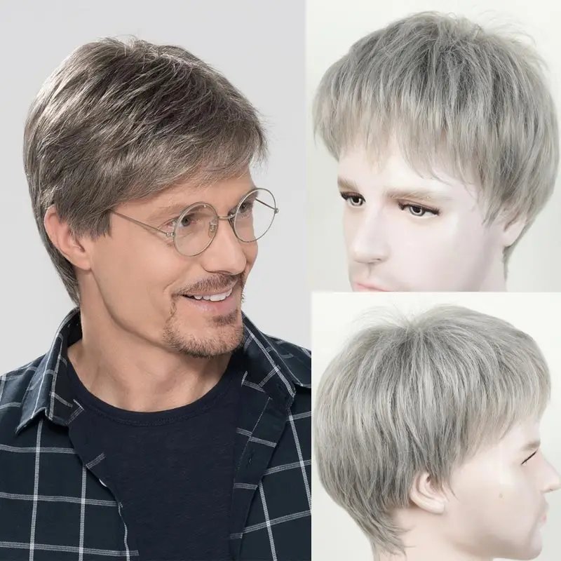 Grandpa Hair Handsome Men's Fashion Short Wig Husband Gift Short Grey Wigs Heat Resistant Synthetic Wigs for Daddy