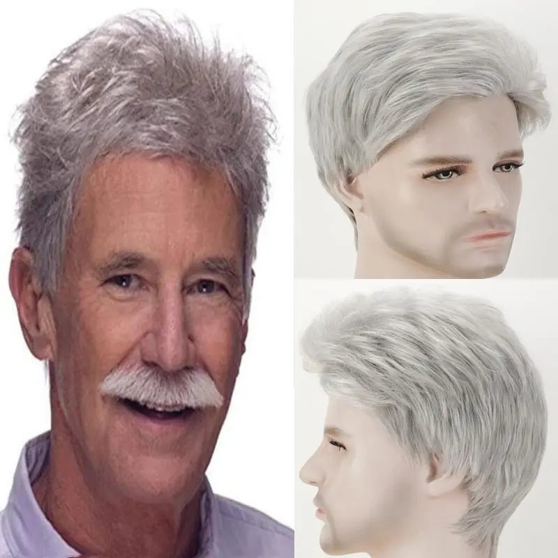Grandpa Hair Handsome Men's Fashion Short Wig Husband Gift Short Grey Wigs Heat Resistant Synthetic Wigs for Daddy
