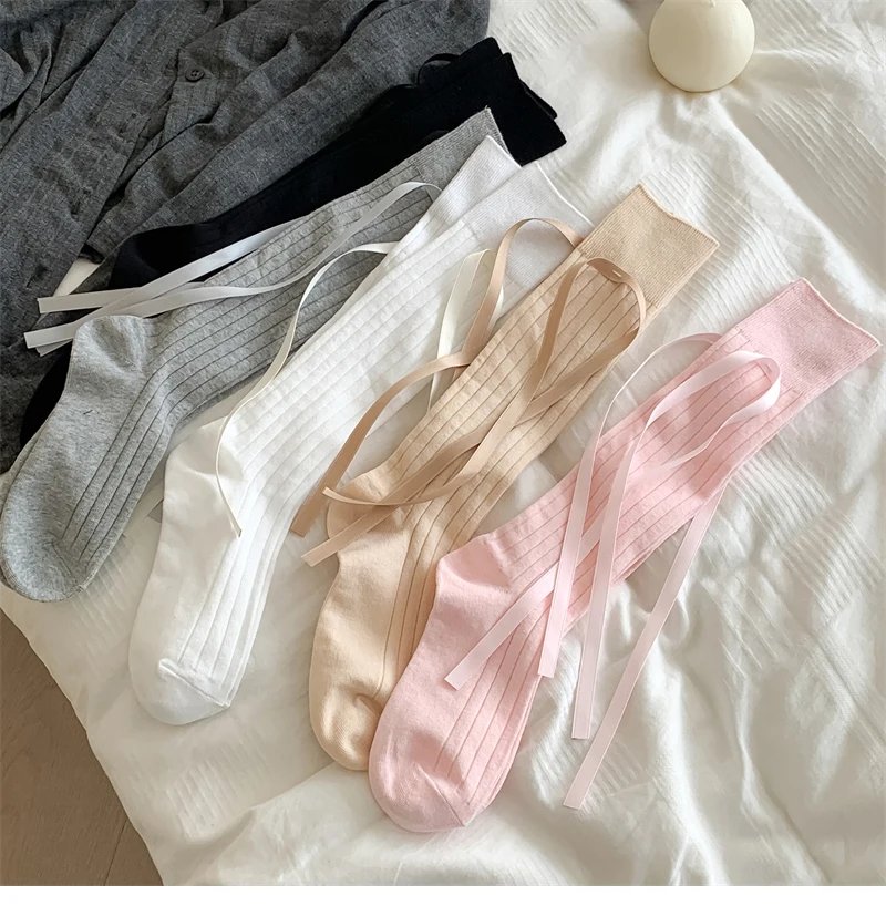 Long Women's Socks High Quality Solid Color Bow Sweet Knee High Socks Femme Brew Thin Soft Cute Ladies Stockings Striped Comfy