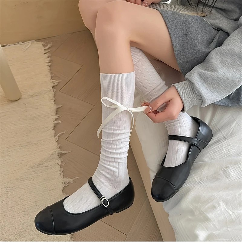 Long Women's Socks High Quality Solid Color Bow Sweet Knee High Socks Femme Brew Thin Soft Cute Ladies Stockings Striped Comfy