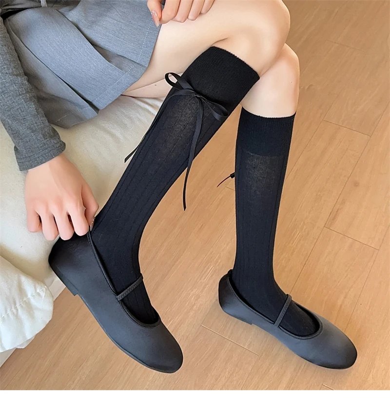 Long Women's Socks High Quality Solid Color Bow Sweet Knee High Socks Femme Brew Thin Soft Cute Ladies Stockings Striped Comfy