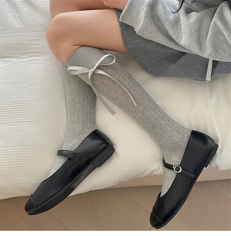 Long Women's Socks High Quality Solid Color Bow Sweet Knee High Socks Femme Brew Thin Soft Cute Ladies Stockings Striped Comfy