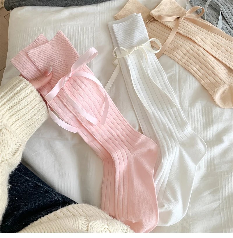 Long Women's Socks High Quality Solid Color Bow Sweet Knee High Socks Femme Brew Thin Soft Cute Ladies Stockings Striped Comfy