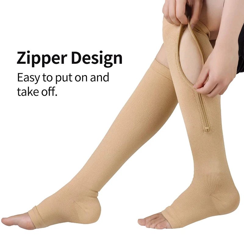 2022 New Women Zipper Compression Socks Zip Leg Support Knee Sox Open Toe Solid Color Sock Fashion and Leak Toe Black Khaki