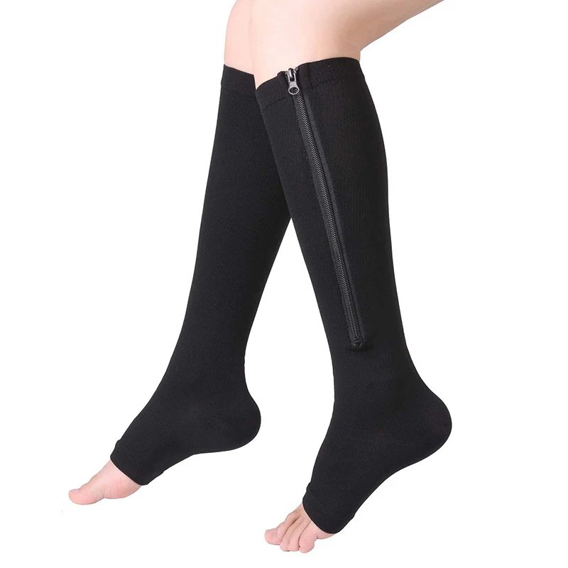 2022 New Women Zipper Compression Socks Zip Leg Support Knee Sox Open Toe Solid Color Sock Fashion and Leak Toe Black Khaki