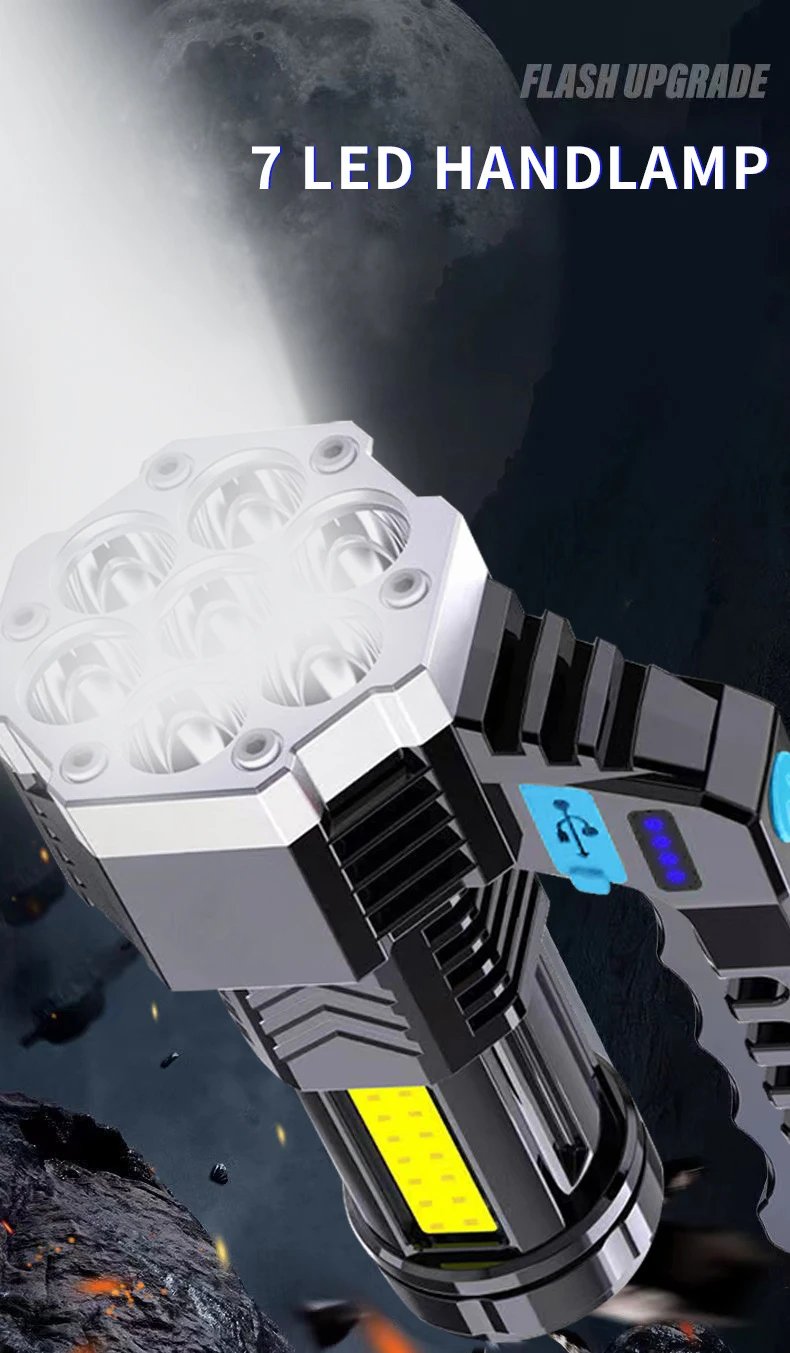 High Power Rechargeable Led Flashlights 7LED Camping Torch With Cob Side Light Lightweight Outdoor Lighting ABS Material