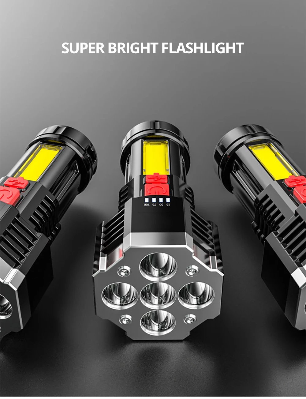 High Power Rechargeable Led Flashlights 7LED Camping Torch With Cob Side Light Lightweight Outdoor Lighting ABS Material