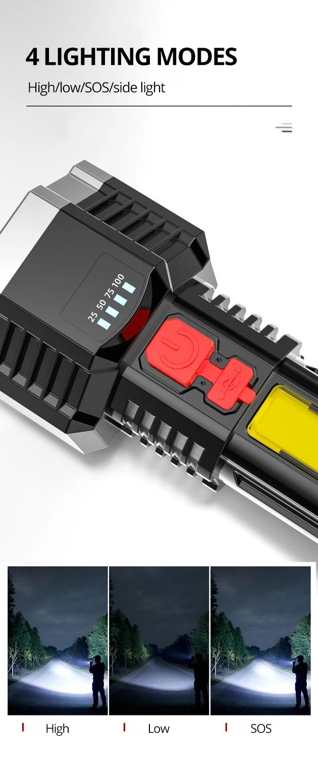 High Power Rechargeable Led Flashlights 7LED Camping Torch With Cob Side Light Lightweight Outdoor Lighting ABS Material