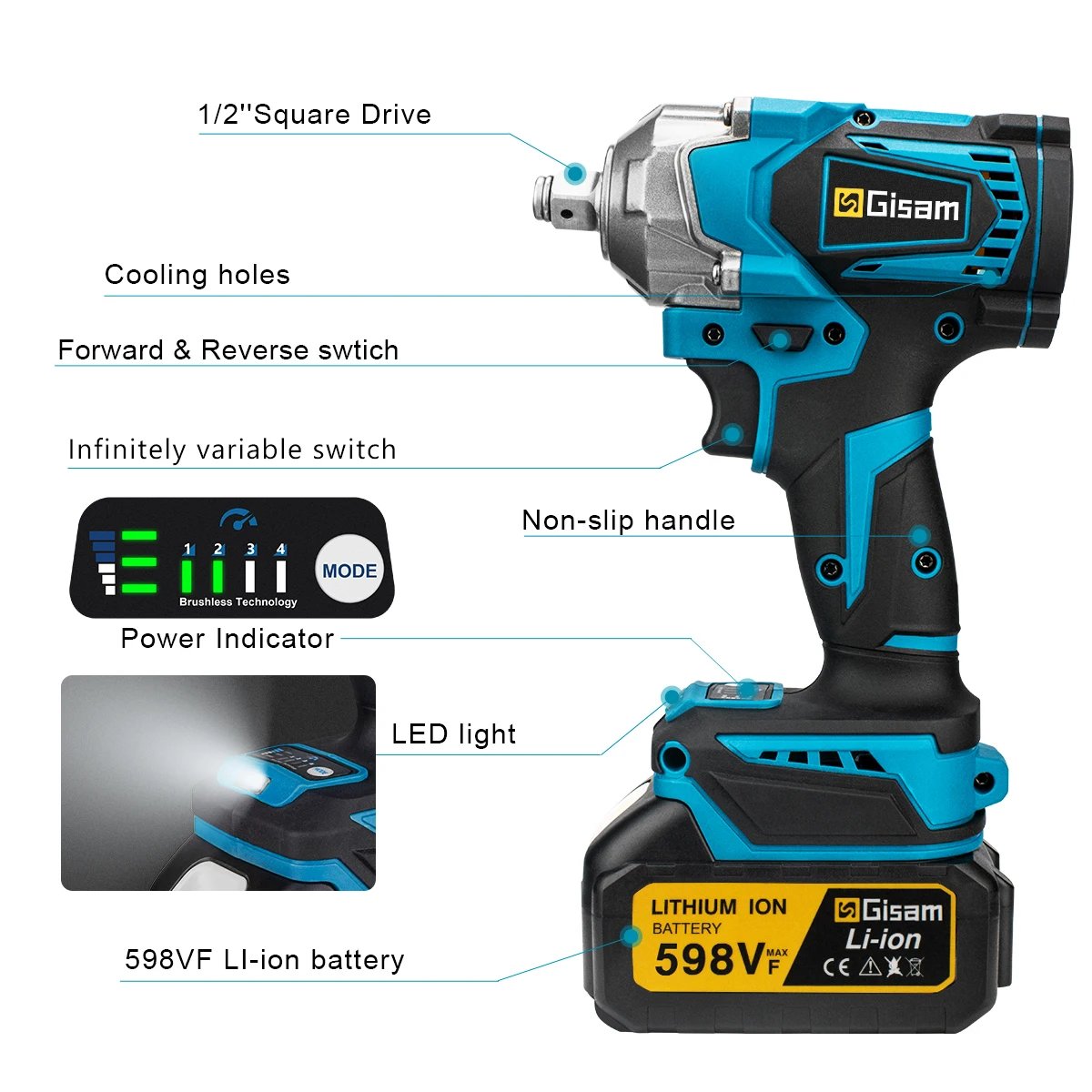 Gisam 1200N.M Torque Brushless Electric Impact Wrench 1/2 inch Cordless Wrench Screwdriver Power Tools For Makita 18V Battery Gisam 1200N.M Torque Brushless Electric Impact Wrench 1/2 inch Cordless Wrench Screwdriver Power Tools For Makita 18V Battery