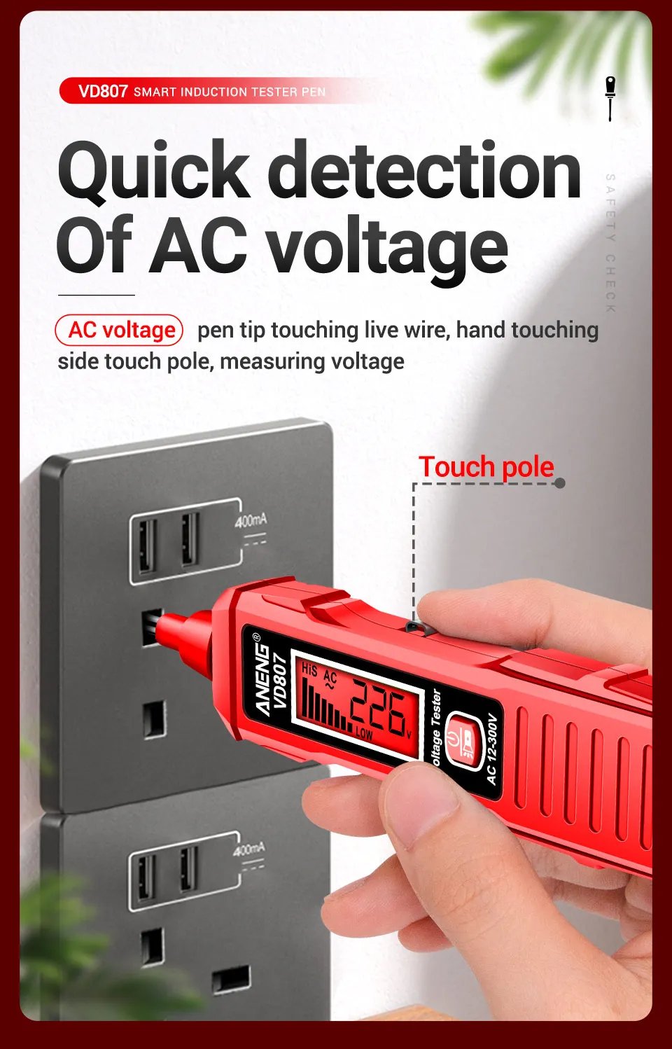 ANENG VD807 One-word Induction Portable 50/60Hz Smart Electric Pen Tester NCV Sensor AC 12-300V Non-contact Wire Detector Tools
