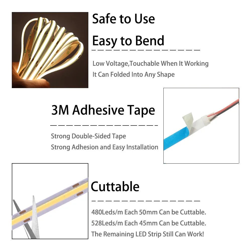 COB LED Strip Light High Density Linear Lighting 480/528Leds/m Flexible Tape Warm Natural White Red Blue Green Decor DC12 24V