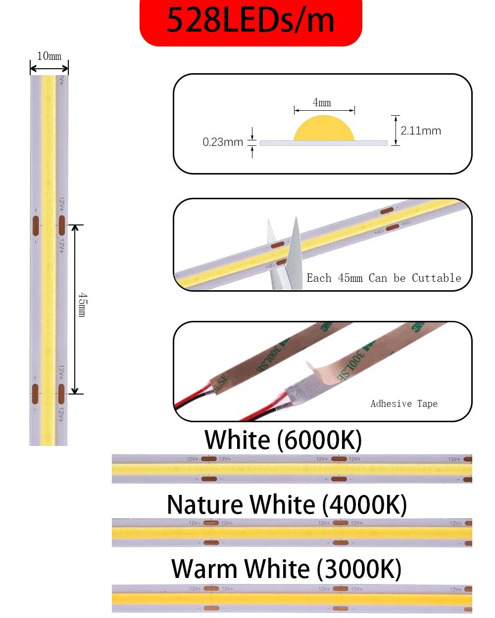 COB LED Strip Light High Density Linear Lighting 480/528Leds/m Flexible Tape Warm Natural White Red Blue Green Decor DC12 24V