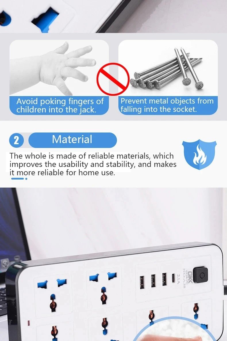 Power Multi Tap Universal Plug EU US UK Outlet Power Strip with 1.8m Extension Cord AC Type C USB Port Charge Electrical Socket