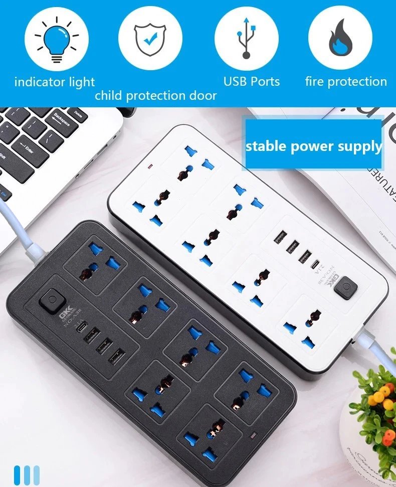 Power Multi Tap Universal Plug EU US UK Outlet Power Strip with 1.8m Extension Cord AC Type C USB Port Charge Electrical Socket