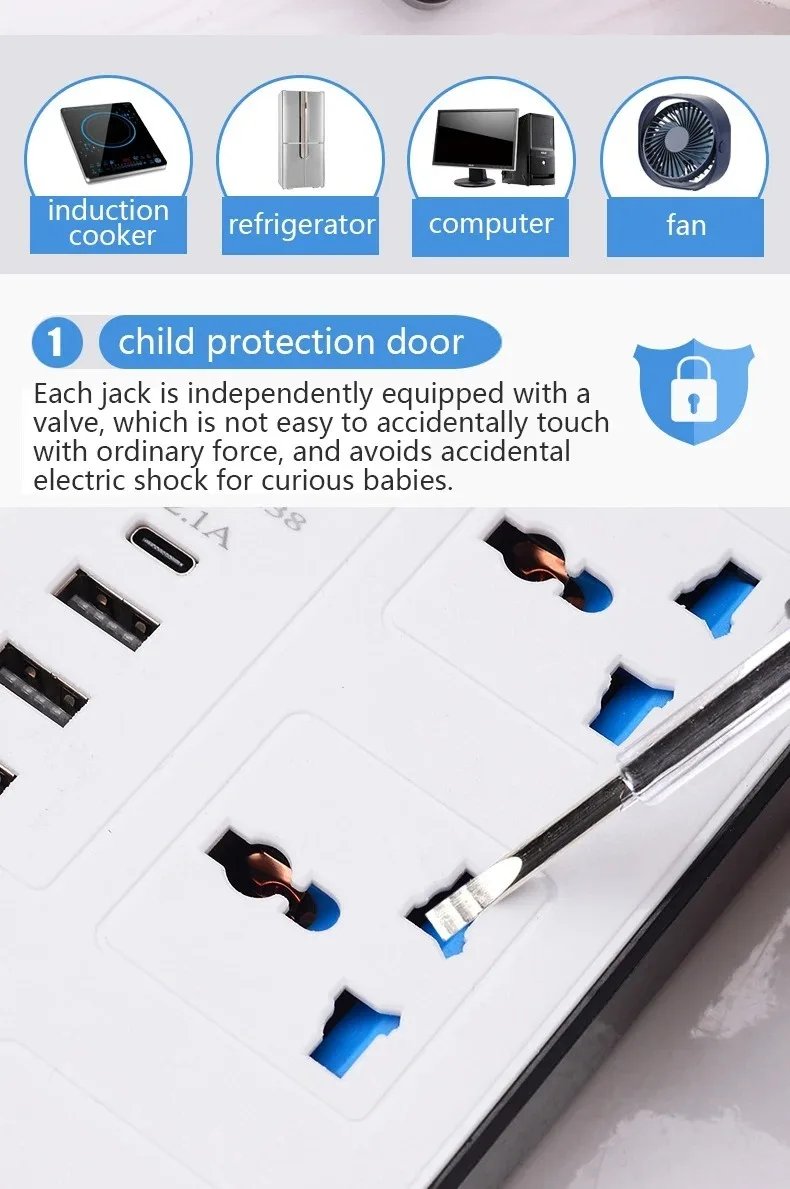 Power Multi Tap Universal Plug EU US UK Outlet Power Strip with 1.8m Extension Cord AC Type C USB Port Charge Electrical Socket