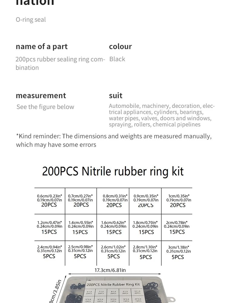 200pcs Rubber O-ring Boxed For Faucet Hose Connector Seal Valve Water Proof Machine Oil Proof Washer Combo Set Accessories