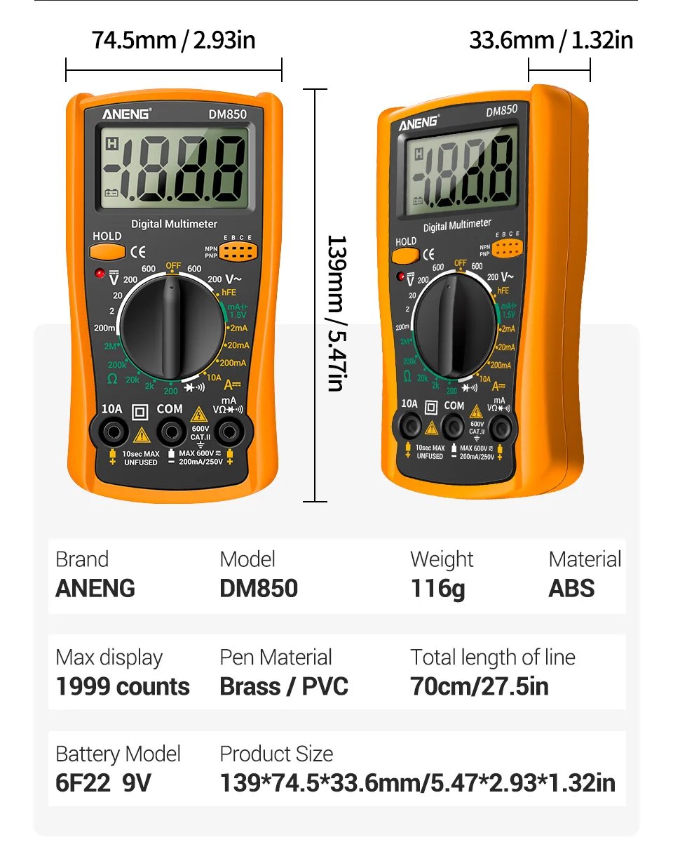 ANENG DM850 Digital Multimeter Automatic Professional 1999 Counts Auto AC/DC Votage Tester Ohm Current Ammeter Detector Tool