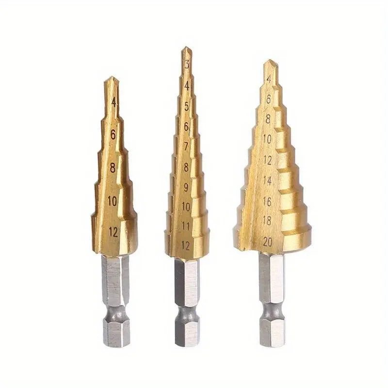 3-12 4 -12 4-20MM HSS Straight Fluted Pagoda Step Drill 3Pcs Hex Shank Reamer Bit Set Titanium Coated Wood Metal Hole