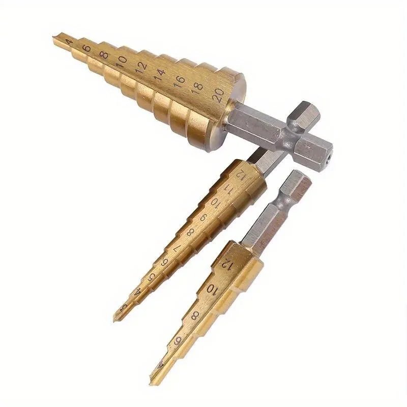 3-12 4 -12 4-20MM HSS Straight Fluted Pagoda Step Drill 3Pcs Hex Shank Reamer Bit Set Titanium Coated Wood Metal Hole