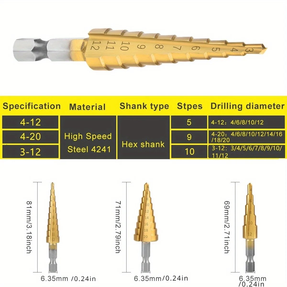 3-12 4 -12 4-20MM HSS Straight Fluted Pagoda Step Drill 3Pcs Hex Shank Reamer Bit Set Titanium Coated Wood Metal Hole
