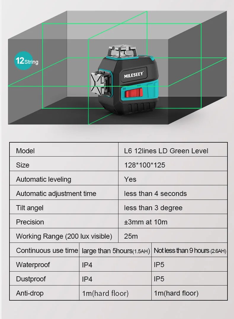 MiLESEEY 2 Lines Laser Level L52R L62 360 Laser Level L6 Green nivel Laser with Battery and Tripod лазерный уровень