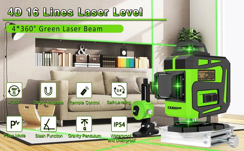 Clubiona 16/12 Lines Laser Level green line Self-leveling 360 Horizontal And Vertical Super Powerful green Beam Laser Level