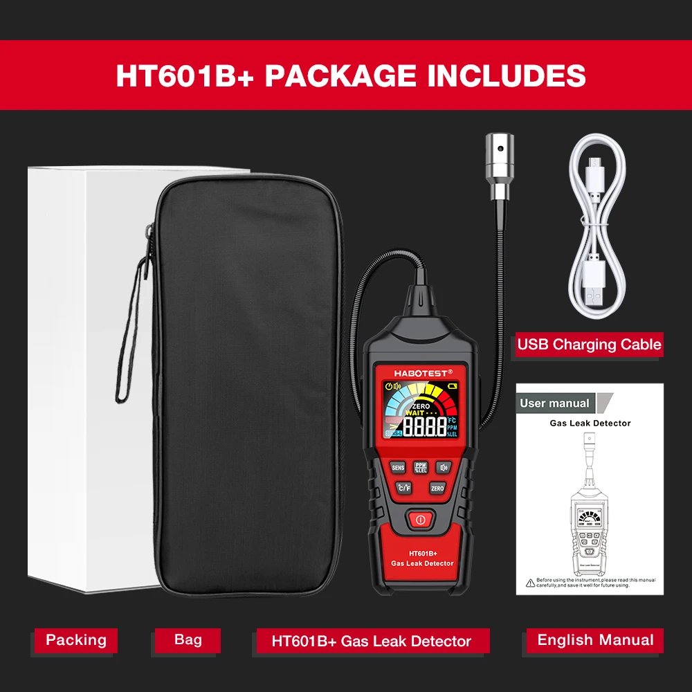 HABOTEST HT601 Gas Leak Detector Analyzer HT601A HT601B Sound & Screen Alarm Combustible Flammable Natural Methane Tester