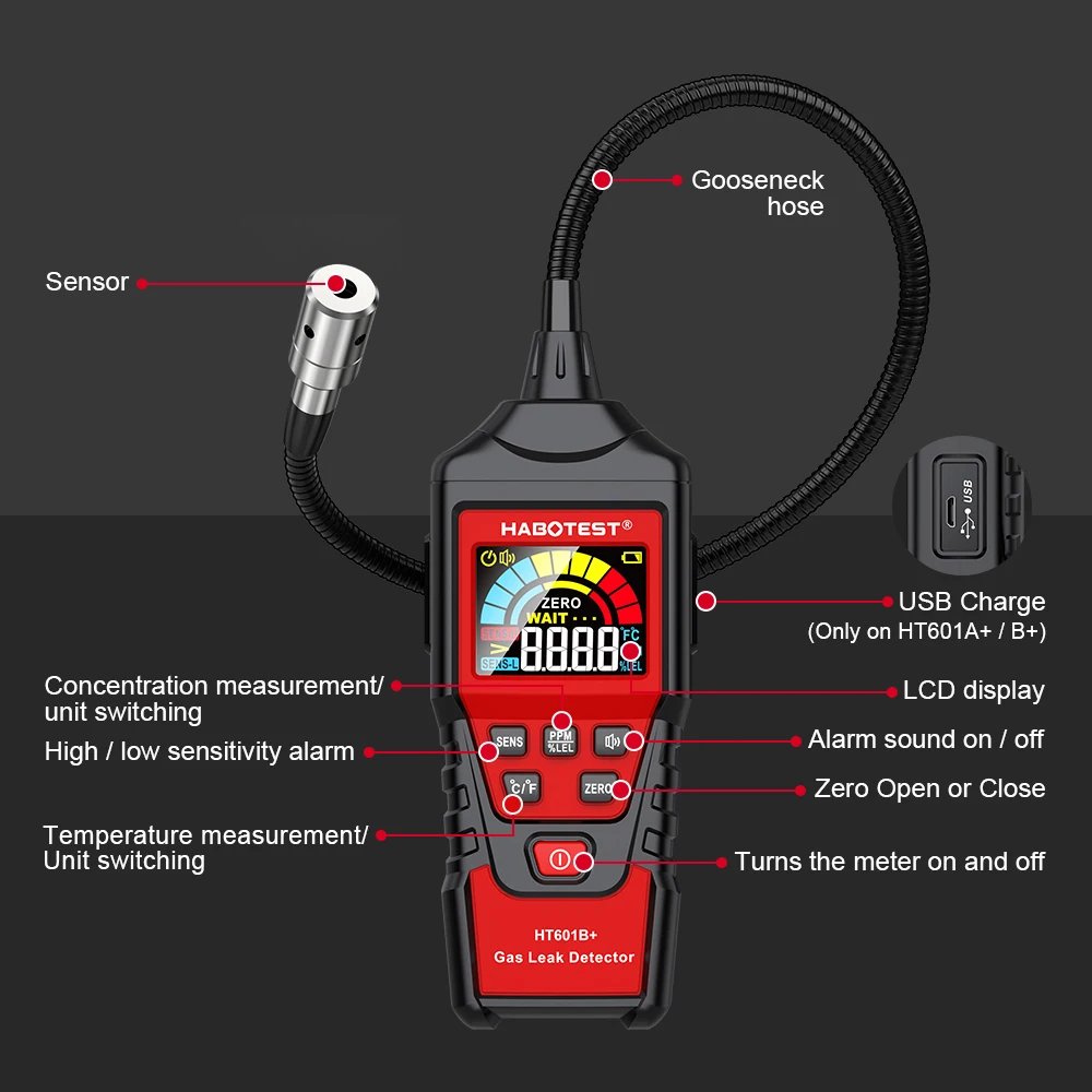 HABOTEST HT601 Gas Leak Detector Analyzer HT601A HT601B Sound & Screen Alarm Combustible Flammable Natural Methane Tester