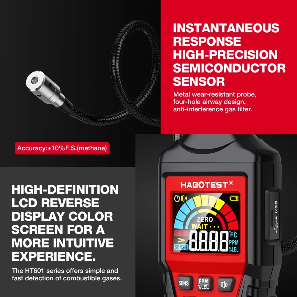 HABOTEST HT601 Gas Leak Detector Analyzer HT601A HT601B Sound & Screen Alarm Combustible Flammable Natural Methane Tester