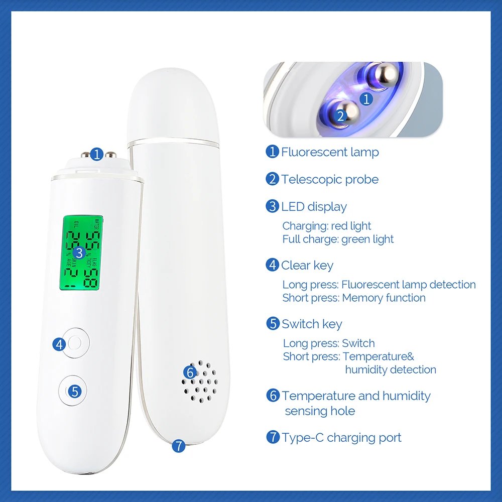 Skin Tester Face Skin Moisture&Oil Content Skin Analyzer Skin Water Cheek Elastic Skin Age Test Meter Fluorescent Agent Detector Skin Tester Face Skin Moisture&Oil Content Skin Analyzer Skin Water Cheek Elastic Skin Age Test Meter Fluorescent Agent Detector