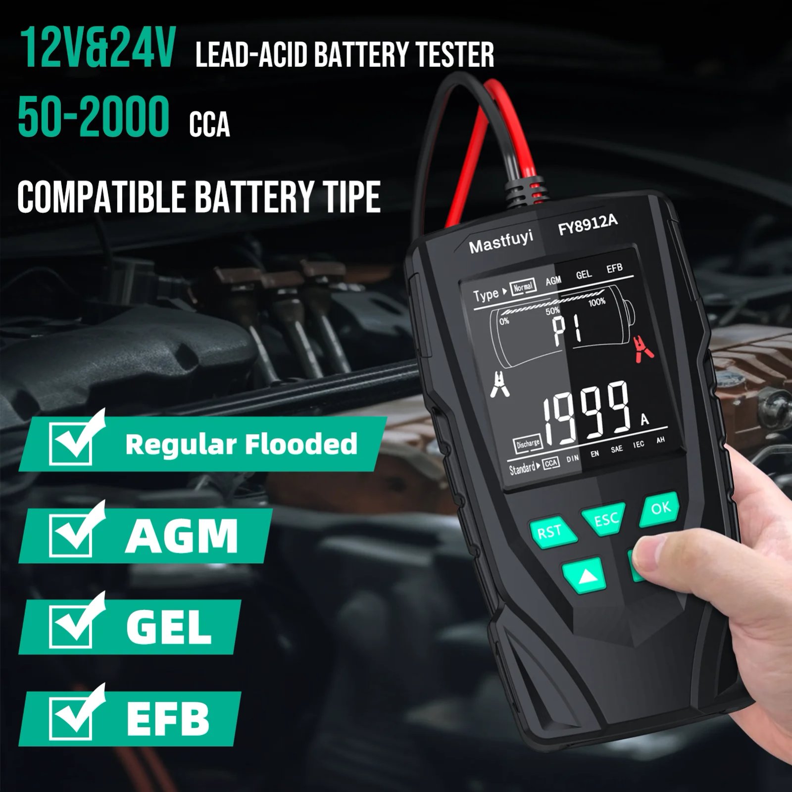 MASTFUYI FY8912A Car Battery System Tester 12V 24V Car Motorcycle Truck System Analyzer 50-2000CCA Charging Cranking Test Tool