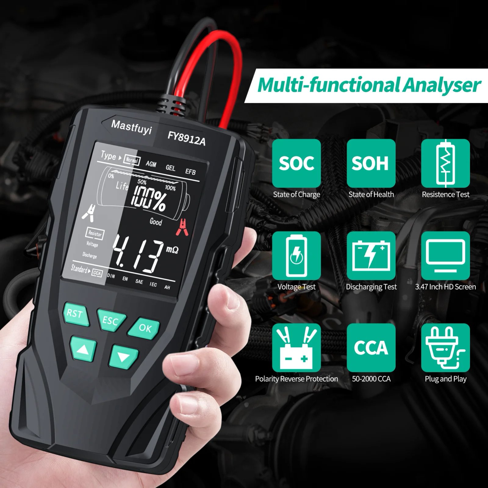 MASTFUYI FY8912A Car Battery System Tester 12V 24V Car Motorcycle Truck System Analyzer 50-2000CCA Charging Cranking Test Tool