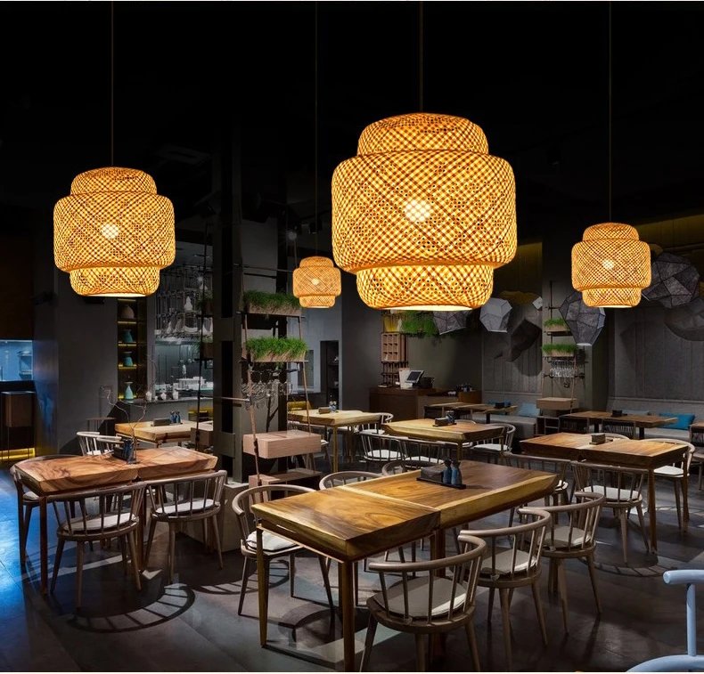 Bamboo Pendant Lamp E27 Hand Knitted Chinese Style Weaving Hanging Lamps 30cm Restaurant Home Decor Lighting Fixtures