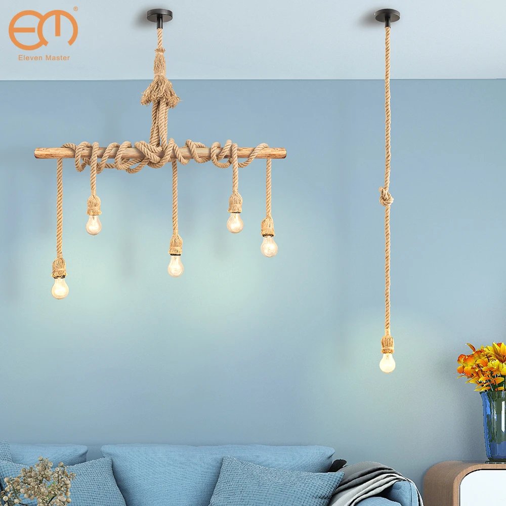 1/2/3/4/5 head vintage hemp rope pendant light retro loft industrial hanging lamp edison bulb lamp home light decoration