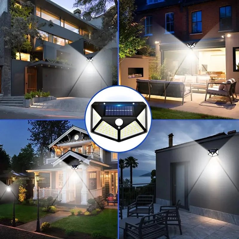 100 LED Solar Wall Lamp Waterproof 4 Sides Luminous With Motion Sensor Solar Powered Garden Lights Outdoor Street Light