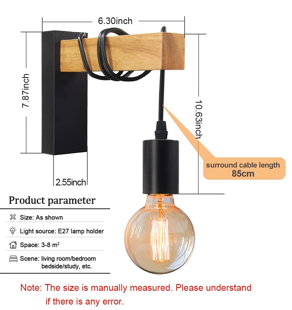 Retro Wood Wall Lamp Vintage Sconce Wall Lights Fixture E27 Indoor Home Decor Dining Room Bedside Lamp Bedroom Lighting