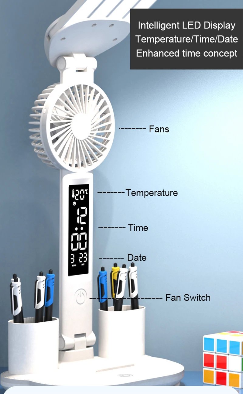 Rechargeable Table Lamp for Study, Desk Lamp Reading Light Led Table Light with Fan, Led Clock Dispaly Reading Lamp