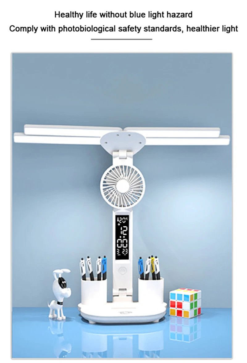 Rechargeable Table Lamp for Study, Desk Lamp Reading Light Led Table Light with Fan, Led Clock Dispaly Reading Lamp