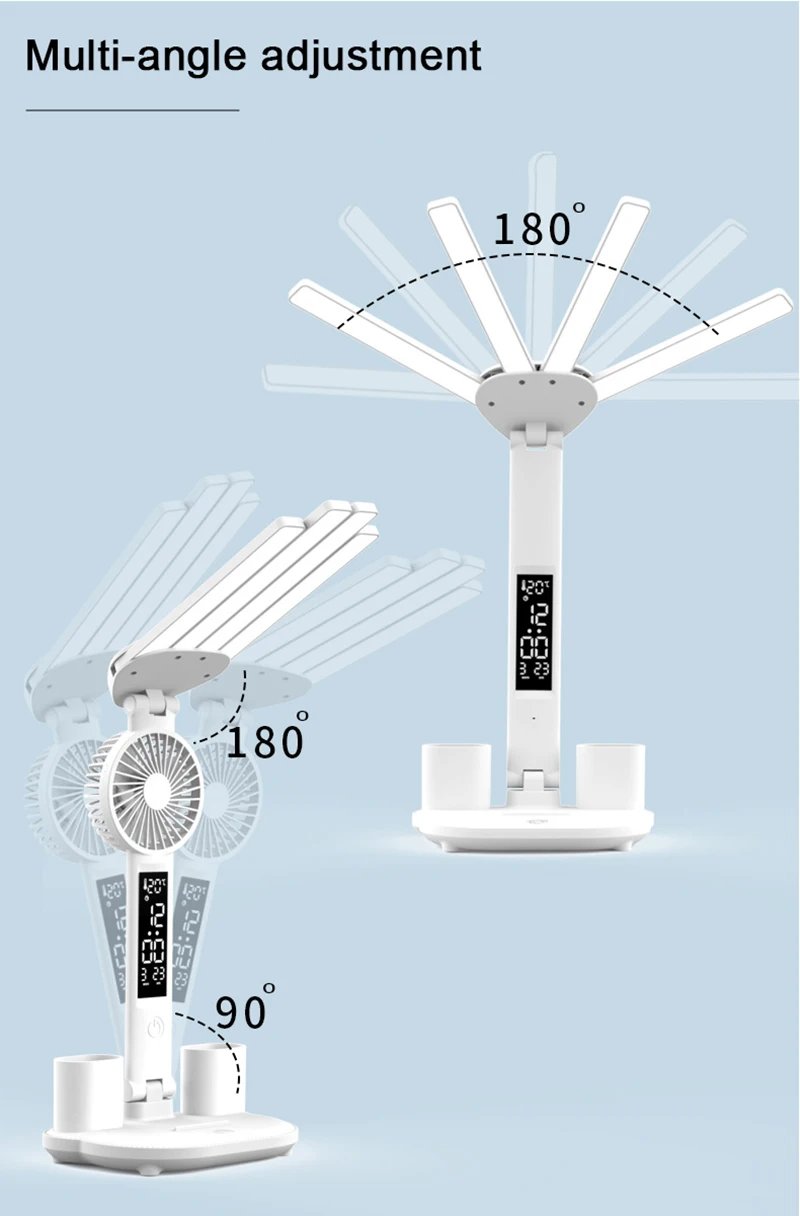 Rechargeable Table Lamp for Study, Desk Lamp Reading Light Led Table Light with Fan, Led Clock Dispaly Reading Lamp