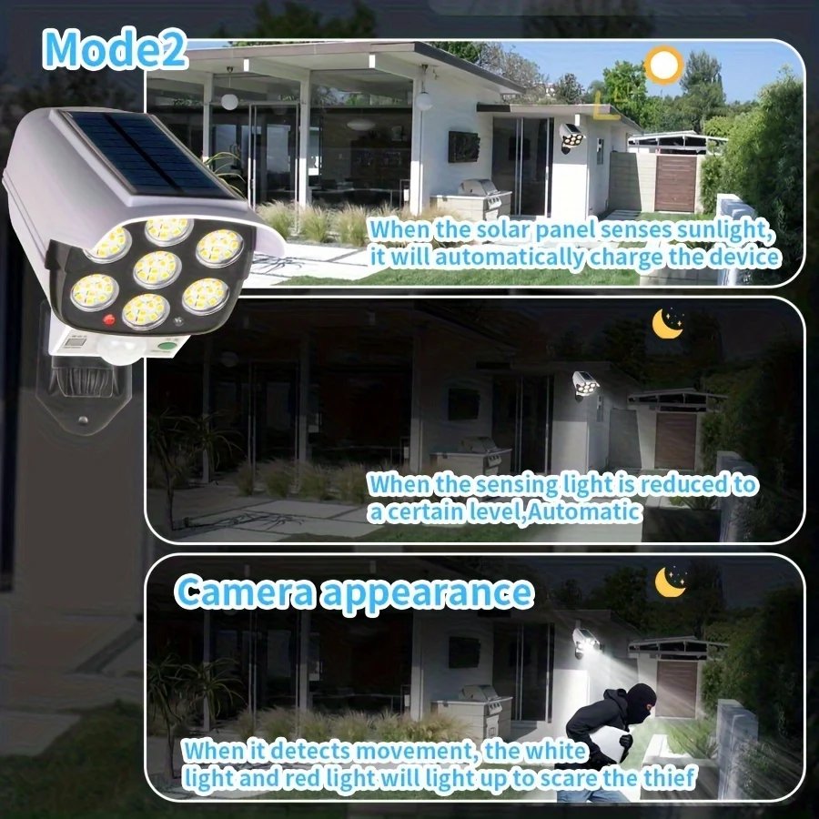 77 LED Outdoor Motion Sensor Solar Lights FloodLight Waterproof Wireless Dummy Decoy Fake Security Camera for Porch Garden Patio